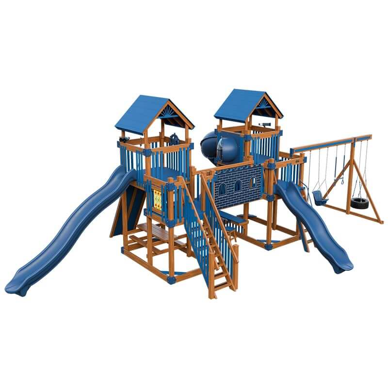 fortress amish made playset with fort chestnut wood blue front left