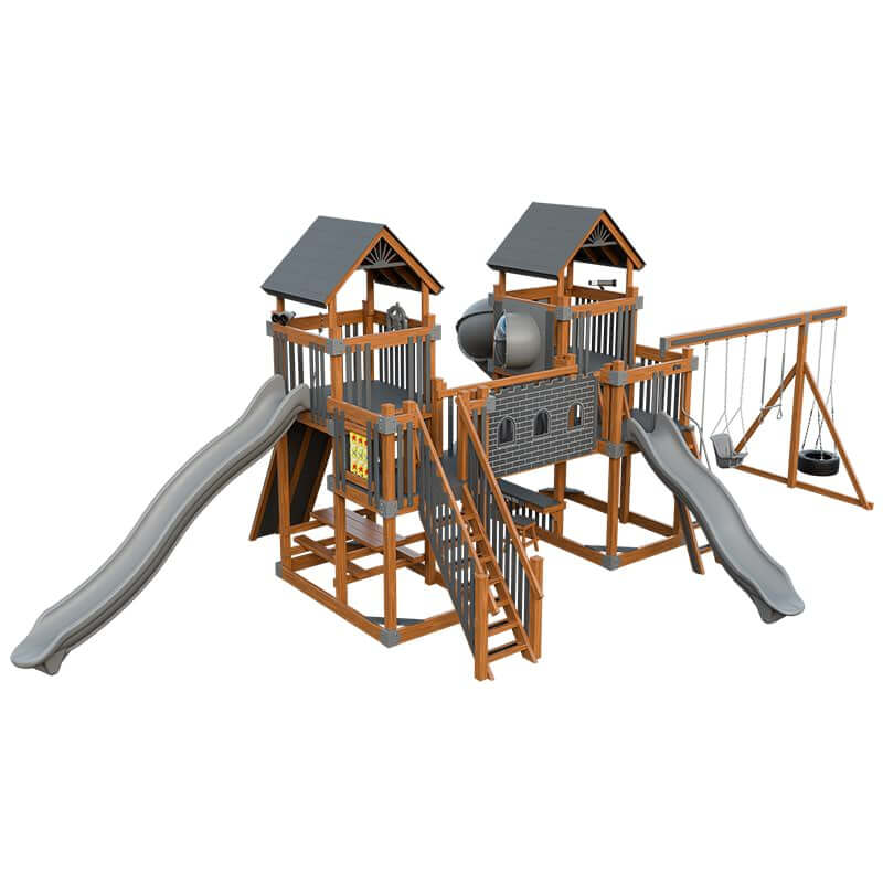 fortress amish made playset with fort chestnut wood gray front left