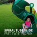 Gorilla Playsets Empire Swing Set – child at the spiral tube slide exit