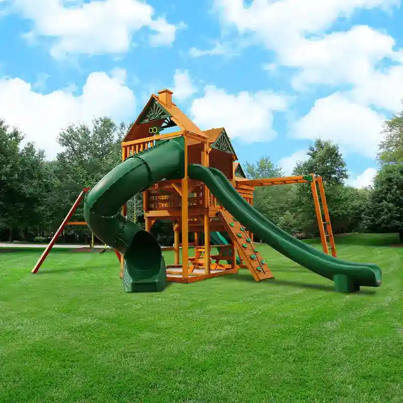 Gorilla Playsets Empire Swing Set – rear view showing the tube slide and monkey bars