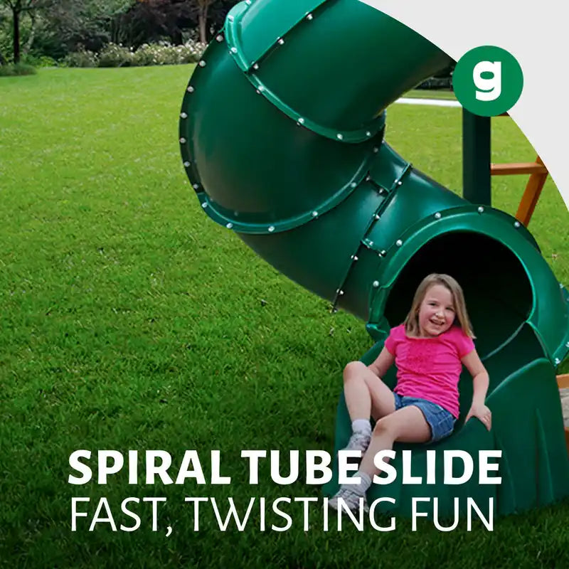 Gorilla Playsets Everest Elite Swing Set – child at the spiral tube slide exit
