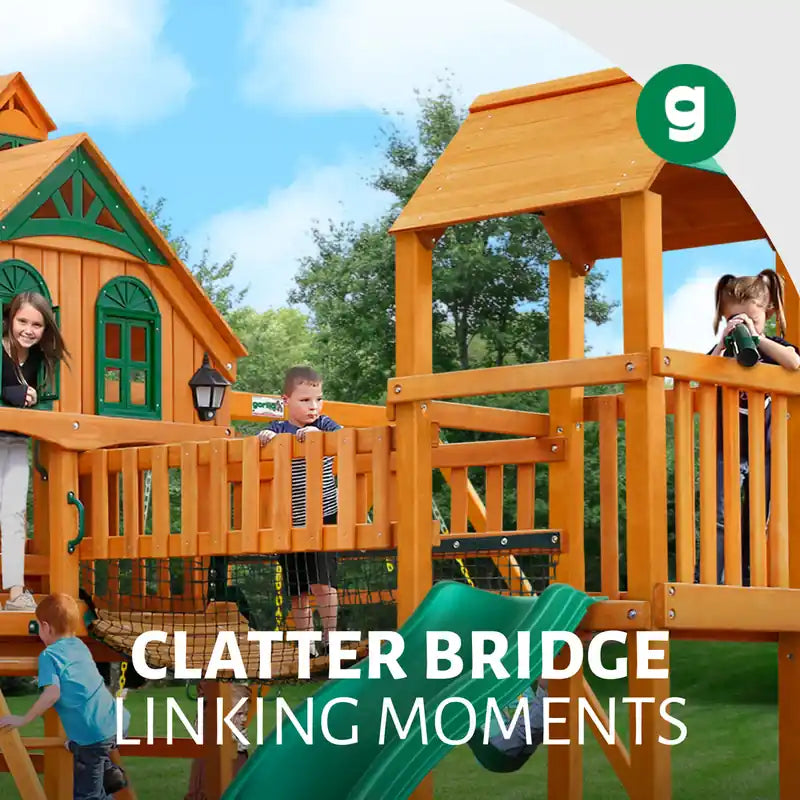 Gorilla Playsets Everest Elite Swing Set – children crossing the bridge between the covered play decks