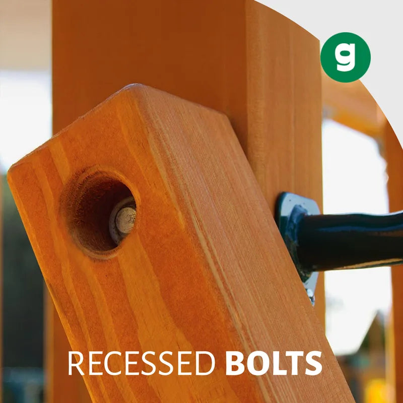 Gorilla Playsets Everest Elite Swing Set – close-up of recessed bolts in the wooden frame