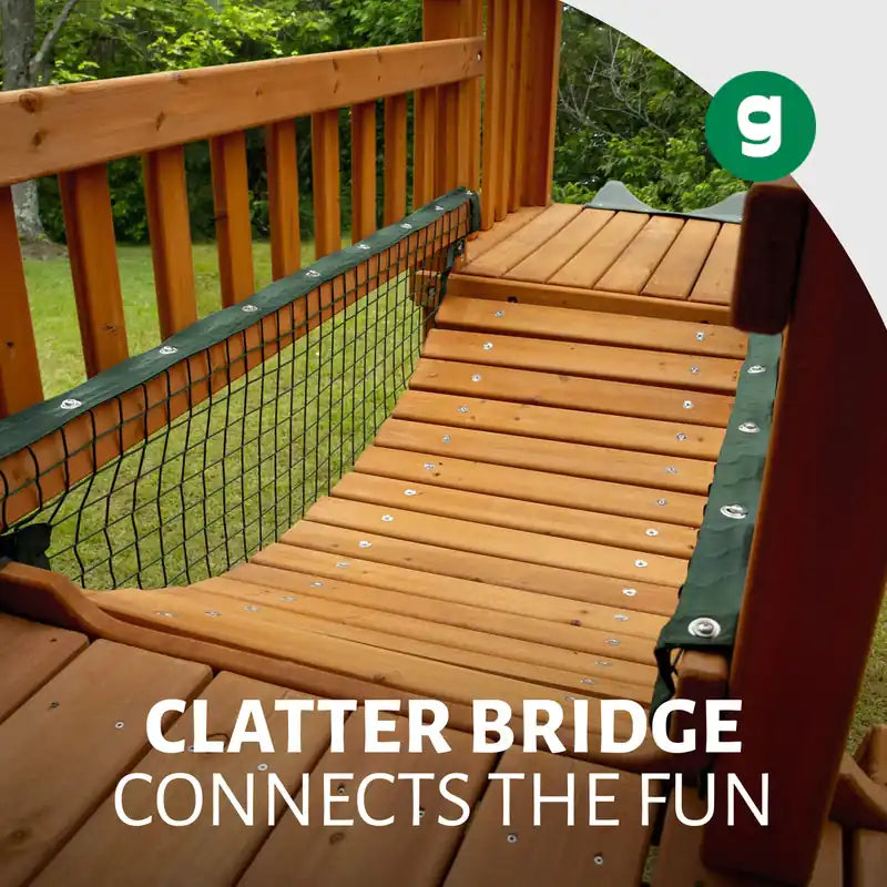 Gorilla Playsets Everest Elite Swing Set – close-up of the wooden clatter bridge and mesh sides