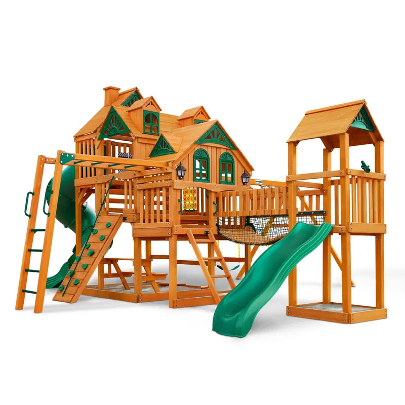 Gorilla Playsets Everest Elite Swing Set – front studio view of the bridge, tower and slide