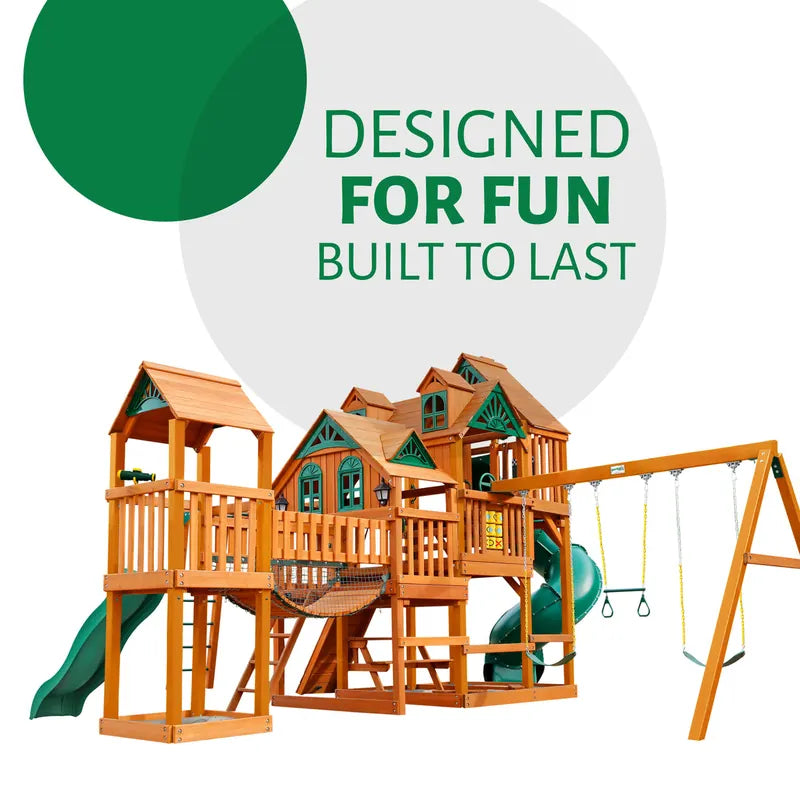 Gorilla Playsets Everest Elite Swing Set – rear studio view showing the swings and covered decks