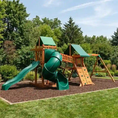 Gorilla Playsets High Point Deluxe Swing Set – front view of the tube slide and vinyl canopies