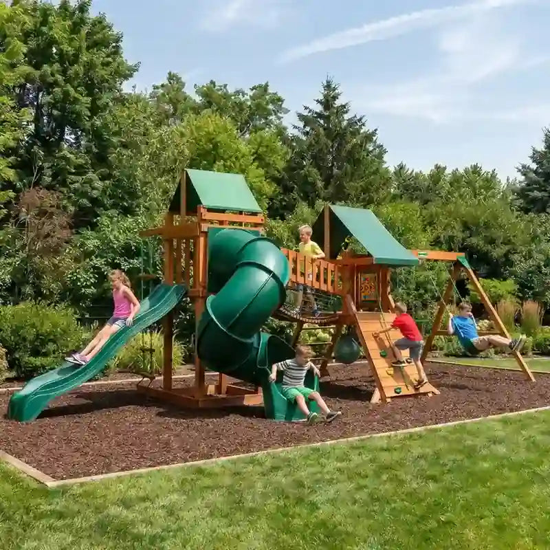 Gorilla Playsets High Point Deluxe Swing Set – kids playing on two towers joined by a bridge