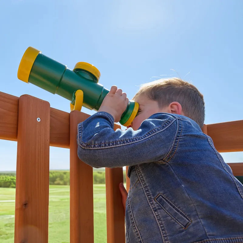 Gorilla Playsets Summerville Deluxe Swing Set – child looking through the play telescope