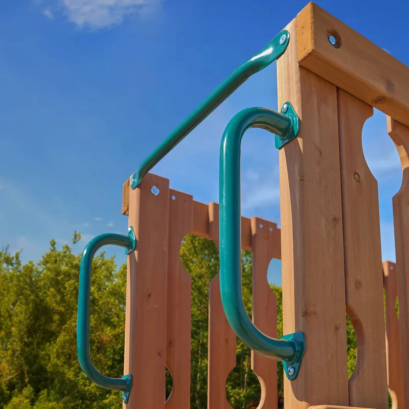 Gorilla Playsets Summerville Deluxe Swing Set – green safety handles at the clubhouse entrance