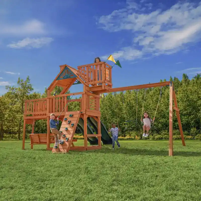 Gorilla Playsets Summerville Deluxe Swing Set – rear view of the two-slide clubhouse and swing beam