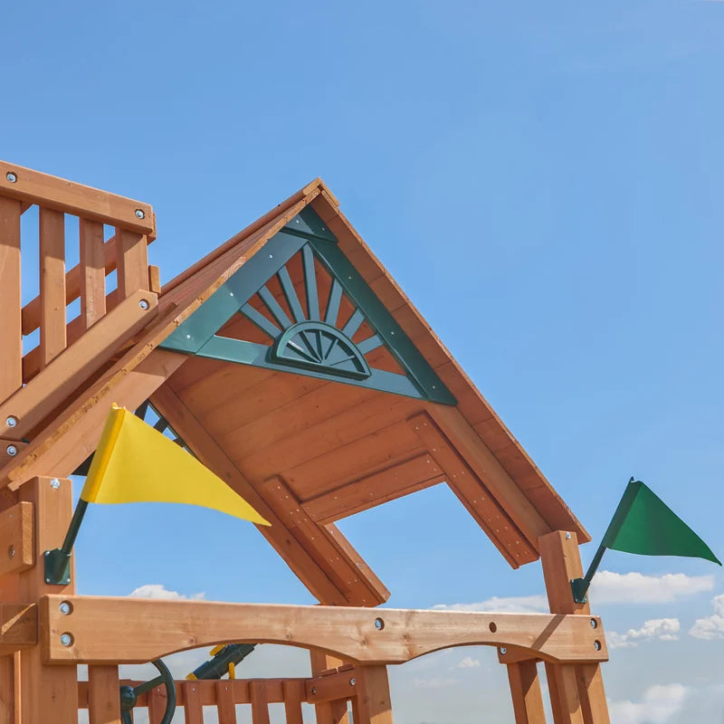 Gorilla Playsets Summerville Deluxe Swing Set – wood roof, sunburst trim and decorative flags