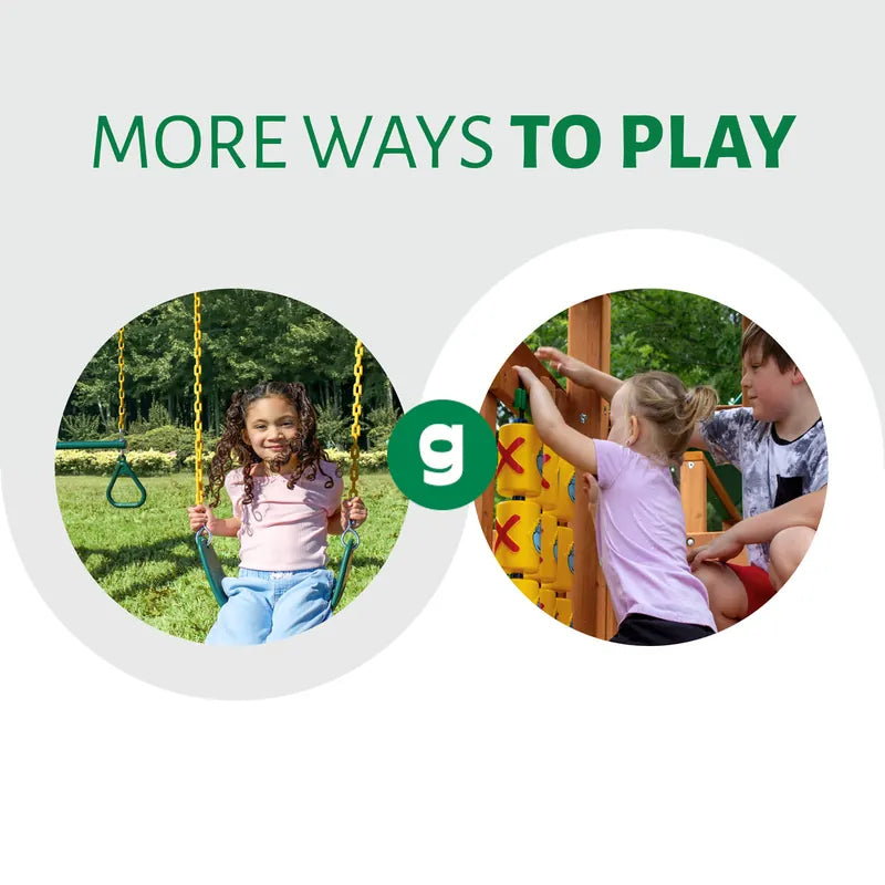 Gorilla Playsets Summerville Swing Set – children using the belt swing and tic-tac-toe panel