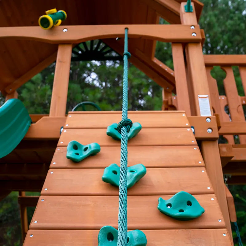 Gorilla Playsets Summerville Swing Set – close-up of the rock wall and climbing rope
