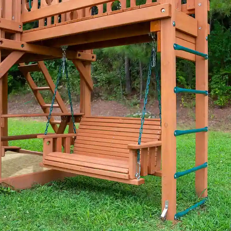 Gorilla Playsets Summerville Swing Set – close view of the empty kids porch swing