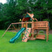 Gorilla Playsets Summerville Swing Set – front view of the wood-roof clubhouse, slide and porch swing