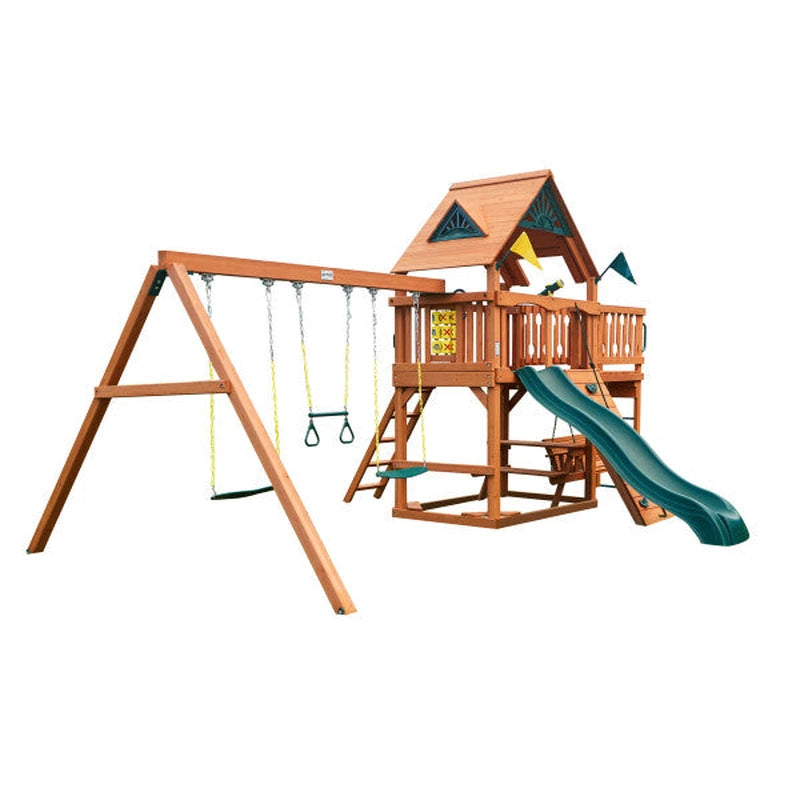 Gorilla Playsets Summerville Swing Set – rear studio view showing the swings, slide and picnic table