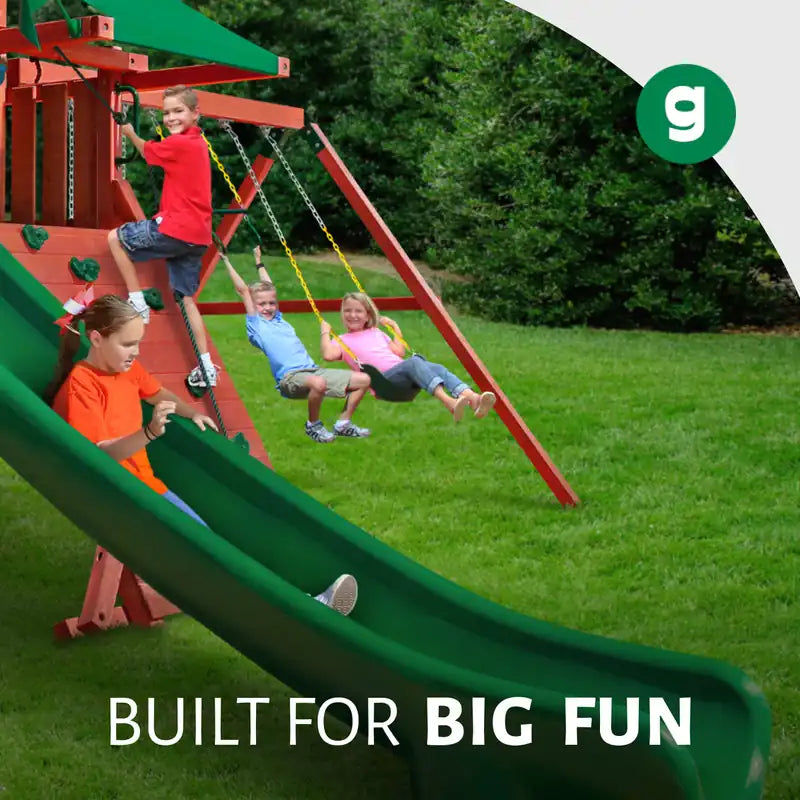 Gorilla Playsets Sun Palace Deluxe Swing Set – children using the long scoop slide and swings