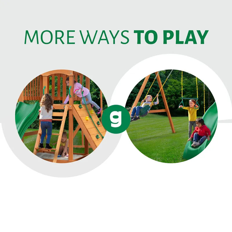 Gorilla Playsets Sun Palace Deluxe Swing Set – close-ups of children climbing and using the swings