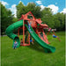 Gorilla Playsets Sun Palace Deluxe Swing Set – kids playing on the two slides and wood-roof clubhouse