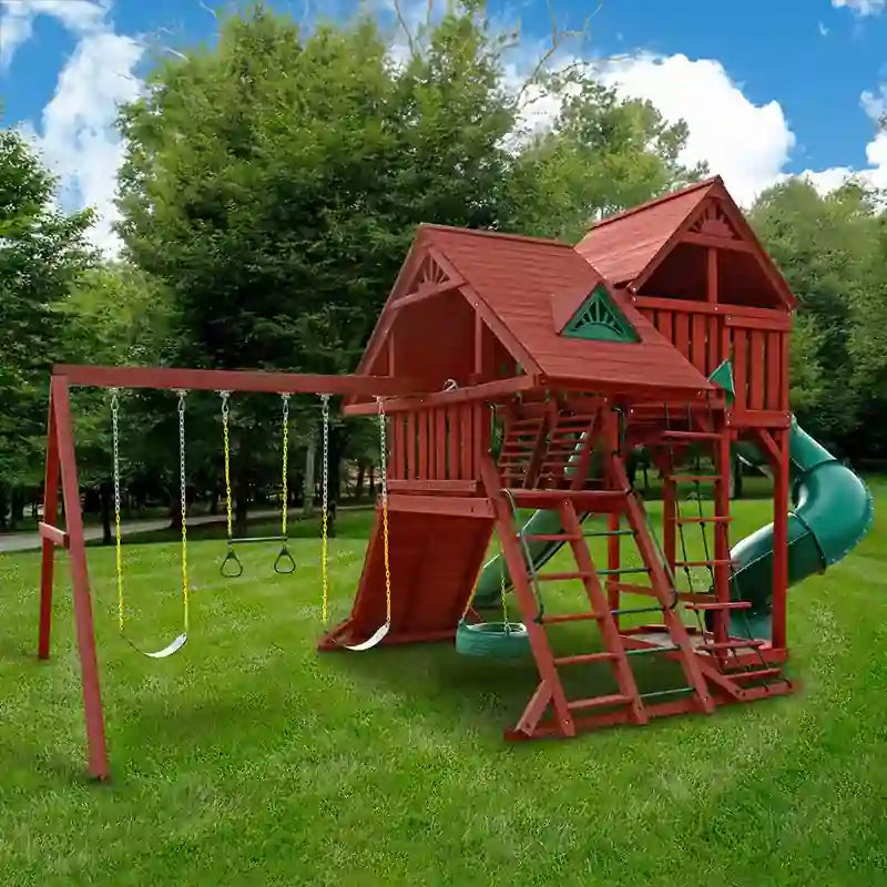 Gorilla Playsets Sun Palace Deluxe Swing Set – rear view of the ladders and elevated decks