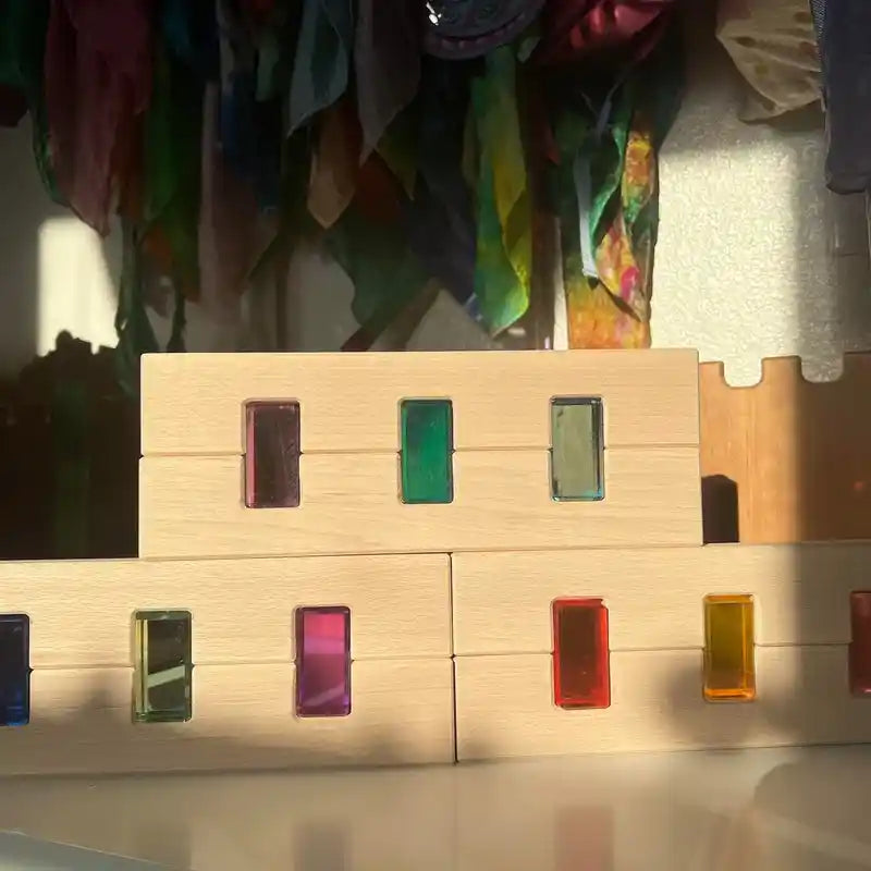 Green Elephant Rainbow Lucite Building Blocks - 50 Piece Set – child building with translucent blocks