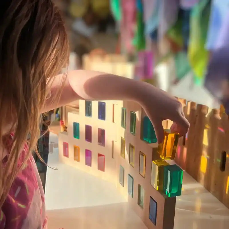 Green Elephant Rainbow Lucite Building Blocks - 50 Piece Set – translucent blocks lifestyle play