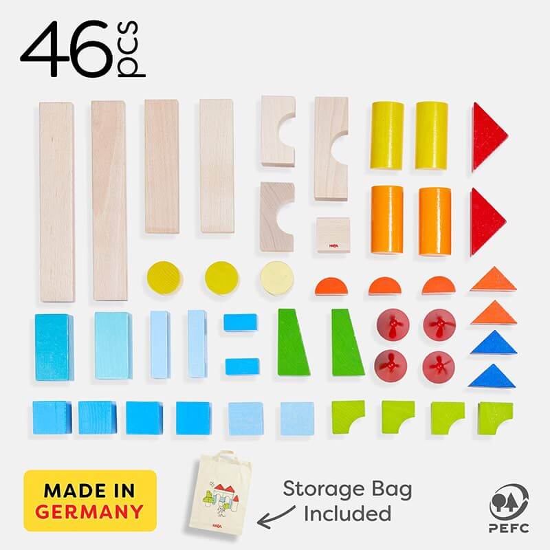 HABA Colored Wooden Building Blocks - 46 Piece Set – included blocks and storage bag