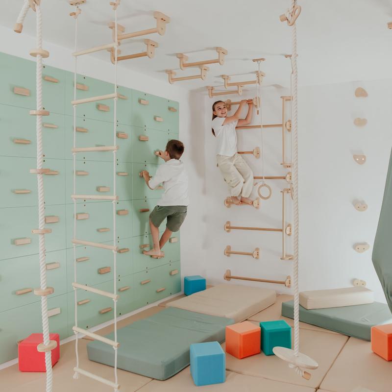 Home Monkey Bars – long wall bars in a Cool Mint playroom