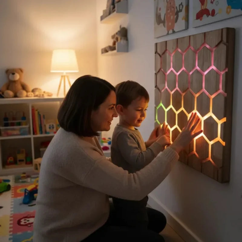 Honeycomb Touch Interactive Panel - panel illuminated beside a child and adult