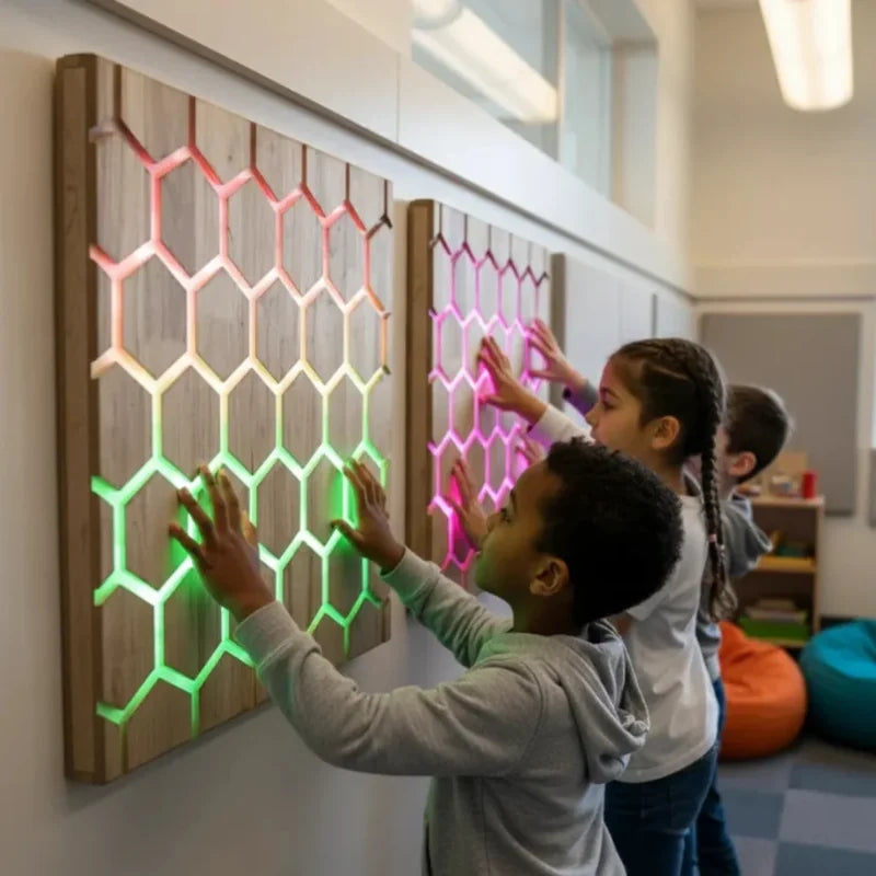 Honeycomb Touch Interactive Panel - children exploring illuminated hexagon patterns
