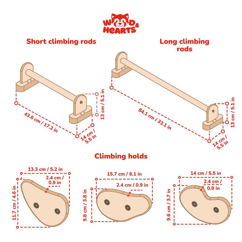 Indoor Play Gym – short bars long bars and climbing holds dimension diagrams