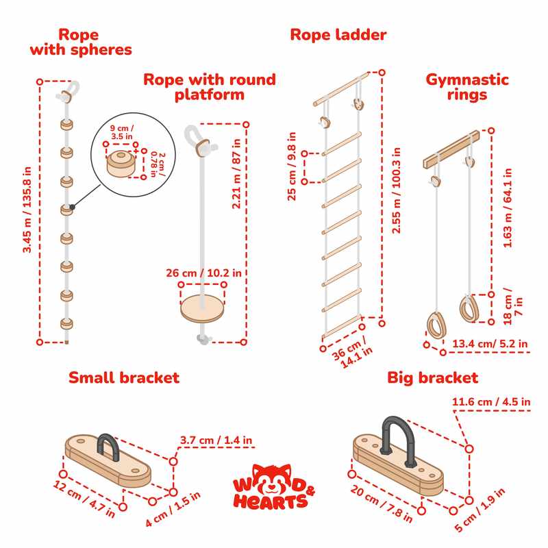 Indoor Play Gym – rope accessories and ceiling mount dimension diagrams