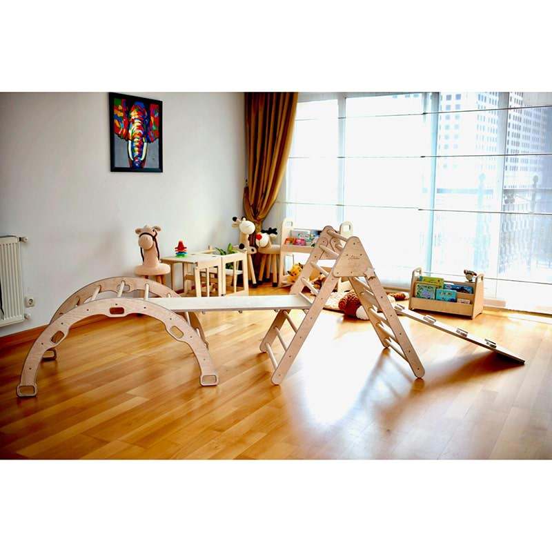 Kidodido 5 Pieces Climbing Set - Climbing Triangle / Arch Rocker, XL Pillow and 2 Ramps - wooden climbing triangle, arch and two ramps in a playroom