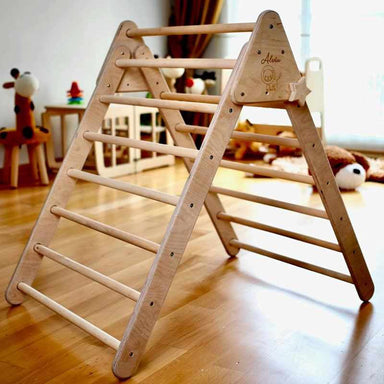 Kidodido 5 Pieces Climbing Set - Climbing Triangle / Arch Rocker, XL Pillow and 2 Ramps - climbing triangle close-up with sample name and animal engraving