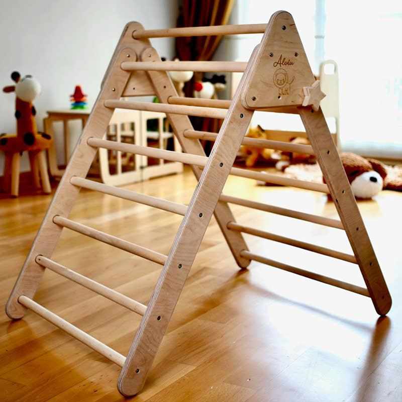 Kidodido 5 Pieces Climbing Set - Climbing Triangle / Arch Rocker, XL Pillow and 2 Ramps - climbing triangle close-up with sample name and animal engraving