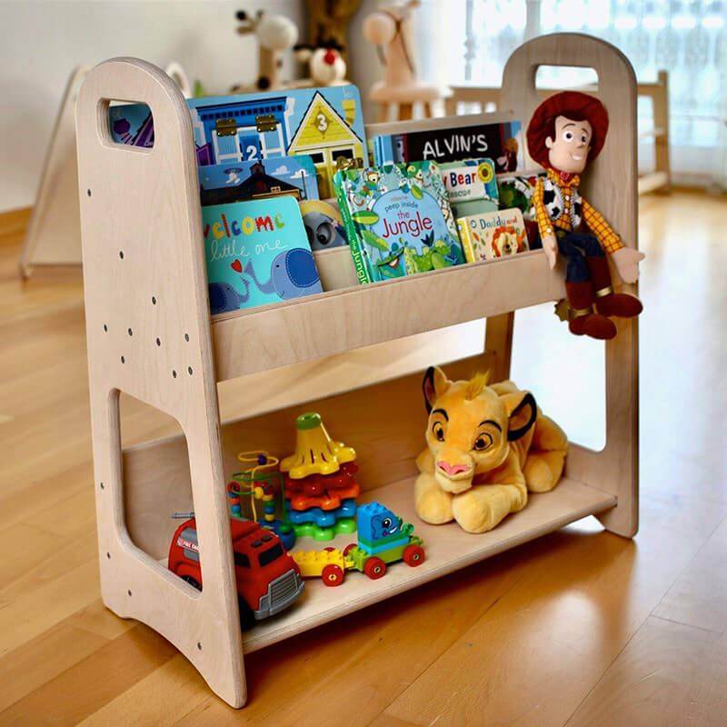 Kidodido Kids Room Wooden Bookshelf With Books and Toys on a Wooden Floor