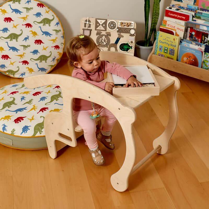 Kidodido Toddler Rocking Chair and Table Set Child Playing With a Wooden Toy