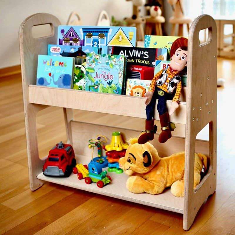 Wooden kids Bookshelf for Kids With Books and Toys on a Wooden Floor