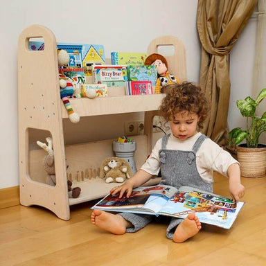 Wooden kids Bookshelf  With Boy Reading Book