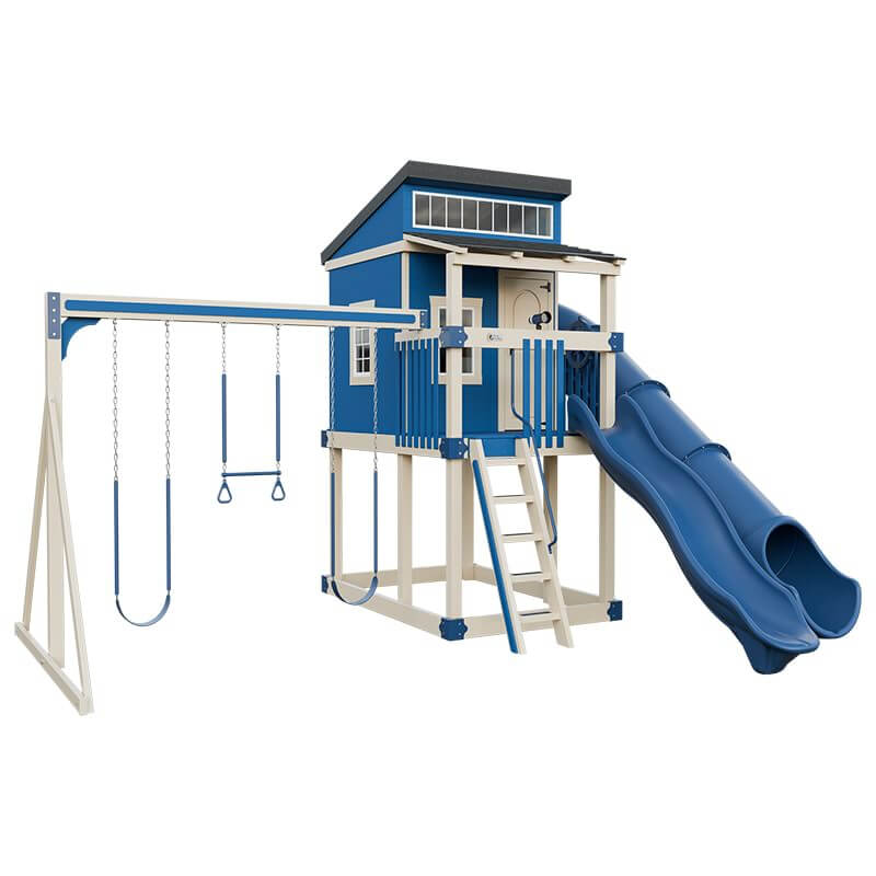 kingdom lodge playhouse with slide and swing almond blue front left
