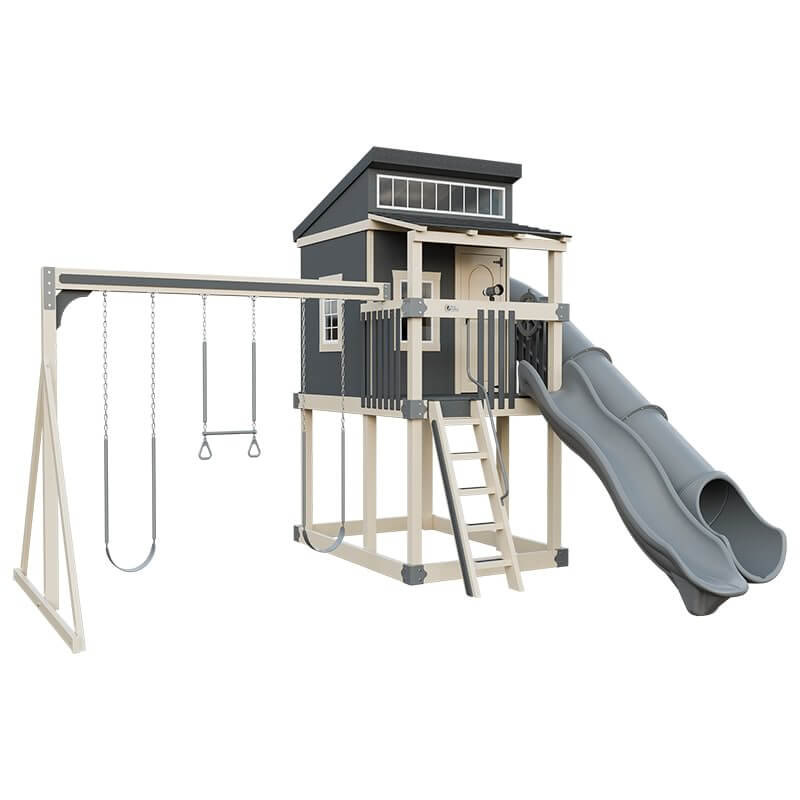 kingdom lodge playhouse with slide and swing almond gray front left