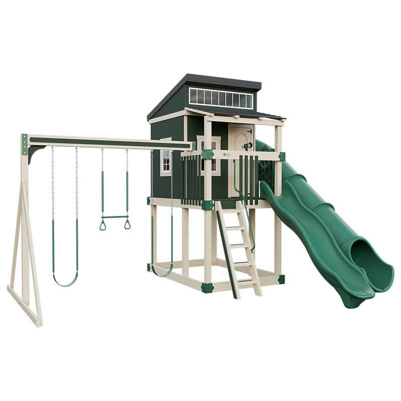 kingdom lodge playhouse with slide and swing almond green front left
