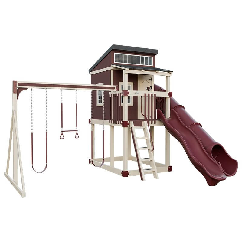 kingdom lodge playhouse with slide and swing almond red front left
