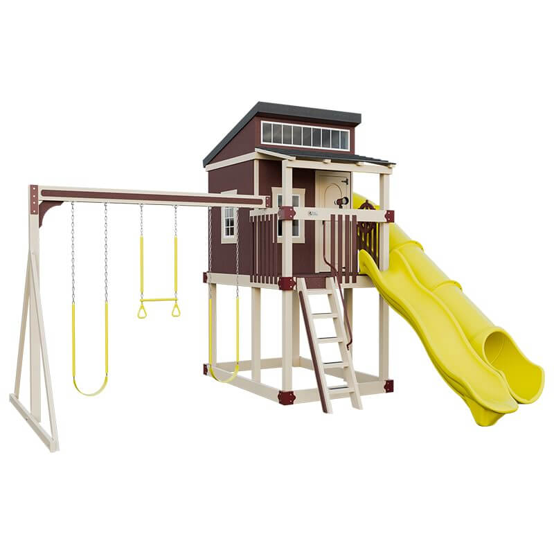 kingdom lodge playhouse with slide and swing almond red yellow front left