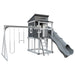 kingdom lodge playhouse with slide and swing ash wood gray front left
