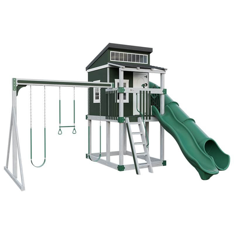 kingdom lodge playhouse with slide and swing ash wood green front left