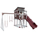 kingdom lodge playhouse with slide and swing ash wood red front left