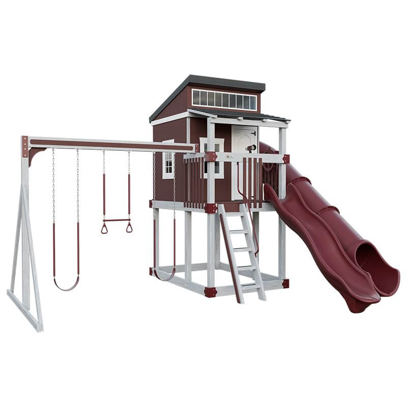 kingdom lodge playhouse with slide and swing ash wood red front left