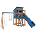 kingdom lodge playhouse with slide and swing chestnut wood blue front left